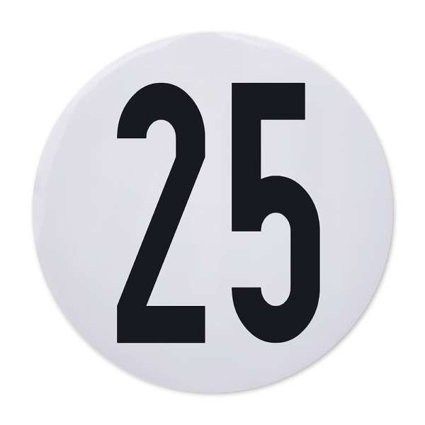 Einzelner runder 25-km/h-Aufkleber, 200 mm, weiße Folie mit schwarzer Zahl