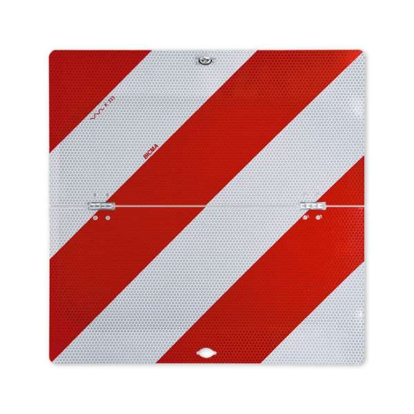 Klappbare Warntafel mit roten u. weißen Streifen, Wabenstruktur, frontal fotografiert, linksweisend