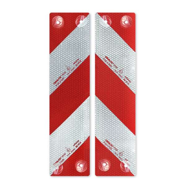 Zwei Reflecto 5921M Warnmarkierungselemente mit rot-weißer RA2-Folie und Saugnapfbefestigung