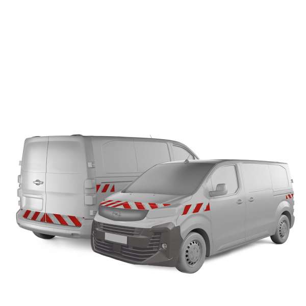 Opel Vivaro in Front- und Heckansicht mit Komplettwarnmarkierungssatz mit Hecktüren, Baujahr 2024