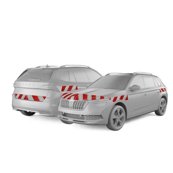 Skoda Kamiq in Front- und Heckansicht mit Komplettwarnmarkierungssatz, Baujahr 2024