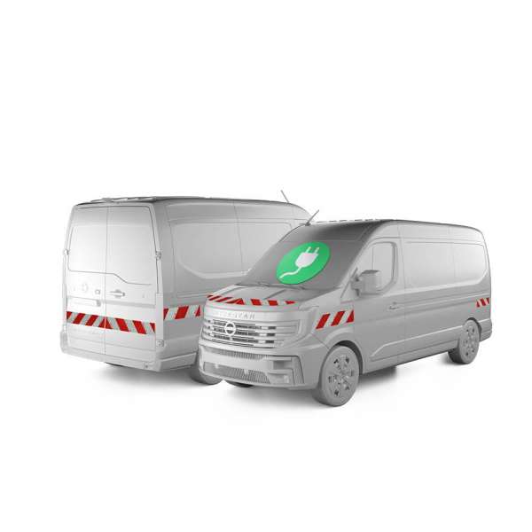 Nissan Interstar-e in Front- und Heckansicht mit Komplettmarkierungssatz, Baujahr 2024